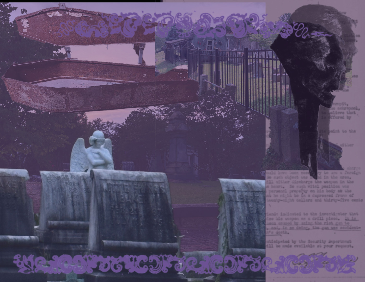 Purple Undertaker collage of an open coffin, cemetery gates, gravestones, and an angel statue